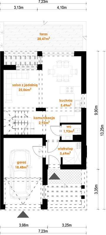 Rzut parteru z przykładowym rozmieszczeniem pomieszczeń