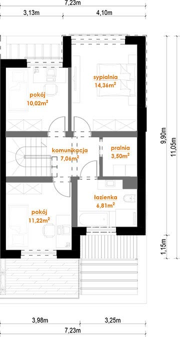 Rzut piętra z przykładowym rozmieszczeniem pomieszczeń