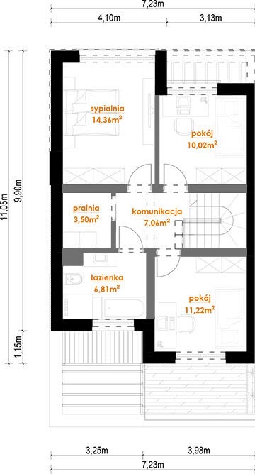 Rzut piętra z przykładowym rozmieszczeniem pomieszczeń